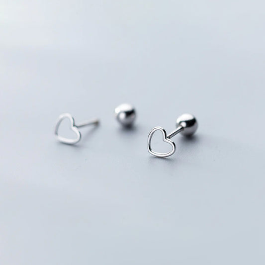 Tiny Heart Outline  Screw Back Sterling Silver Earrings - RedRubyRougeBoutique